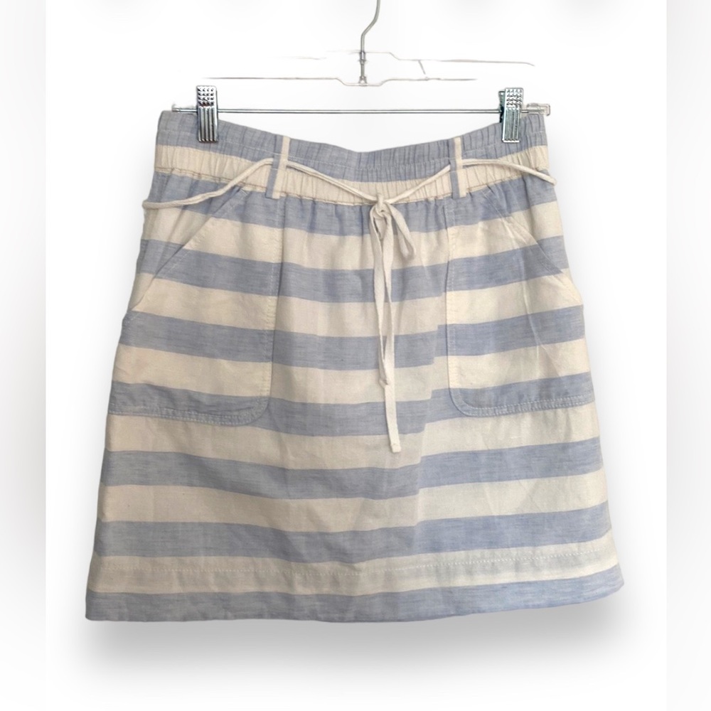 LOFT Light Blue Stripped Elastic Waist Linen Mini Skirt 2 Pockets Sz S